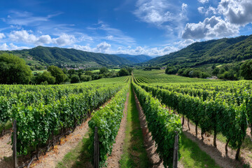 Fototapeta premium Vineyard rows in a valley under blue sky
