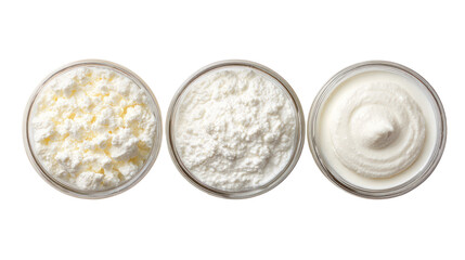 Yogurt kefir fromage blanc overhead three sets side by side on transparent background