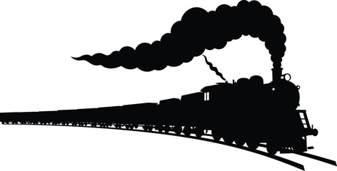 Steam locomotive silhouette, vintage train on track, smoke plume illustration, black rail engine, historical transport vector, classic cargo train graphic © Aiub