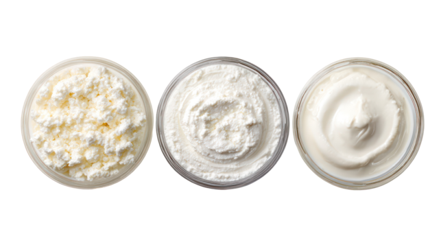Yogurt kefir fromage blanc overhead three sets side by side on transparent background