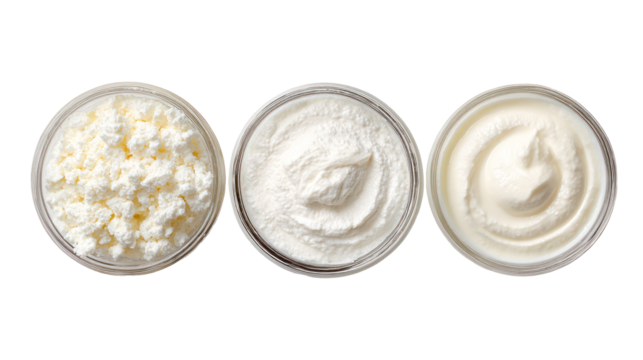 Yogurt kefir fromage blanc overhead three sets side by side on transparent background