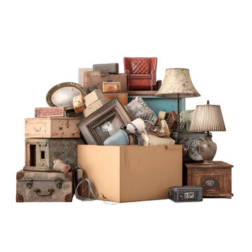 Pile of old antique items and boxes for moving or storage