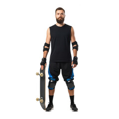 Man with beard holding a skateboard isolated on transparent background