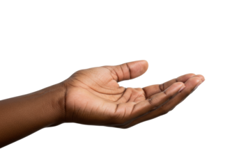 Close-up of a human hand with dark skin tone, smooth texture, open palm, and slightly cupped fingers in a welcoming gesture on a transparent background with copy space, soft studio light. Concept of