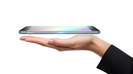 Smartphone floating above female hand, digital future concept isolated on white background