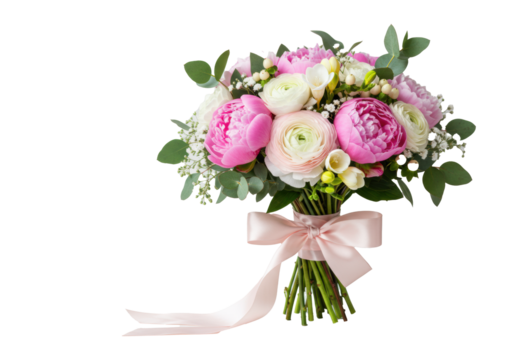 Elegant bouquet of soft pink peonies, white ranunculus, freesia, eucalyptus, and berries with a blush ribbon, against a transparent background with copy space, wedding floral design concept