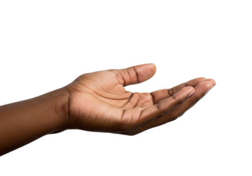 Close-up of a human hand with dark skin tone, smooth texture, open palm, and slightly cupped fingers in a welcoming gesture on a transparent background with copy space, soft studio light. Concept of