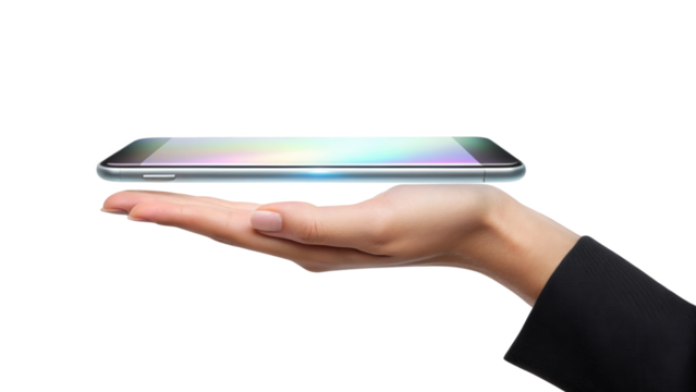 Smartphone floating above female hand, digital future concept isolated on white background