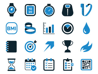 A collection of health and fitness icons in blue and black, showcasing various metrics and tools.
