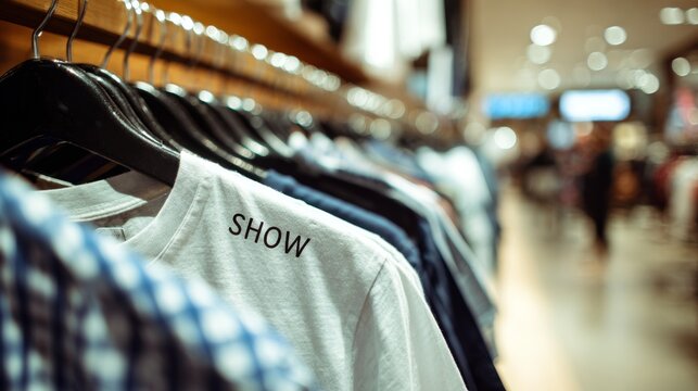Close-up of t-shirts on hangers in store aisle