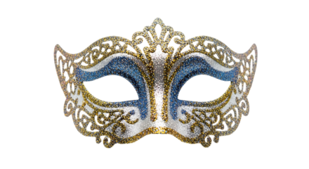 Ornate venetian masquerade mask with intricate gold filigree and blue embellishments on black background