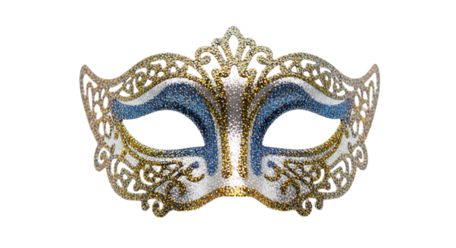 Ornate venetian masquerade mask with intricate gold filigree and blue embellishments on black background