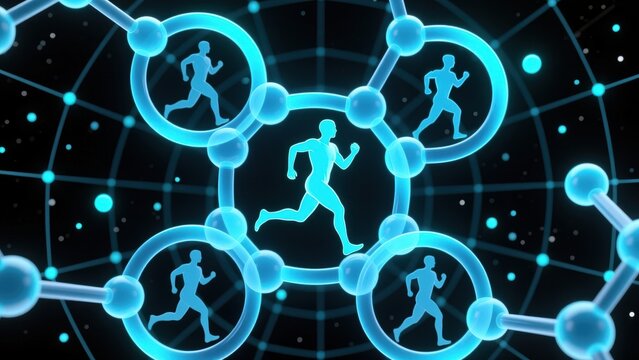 A glowing hormone molecule shape with active human forms showing natural energy and strength, high testosterone, boost testosterone