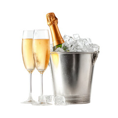 Two glasses of champagne next to a bottle in an ice bucket