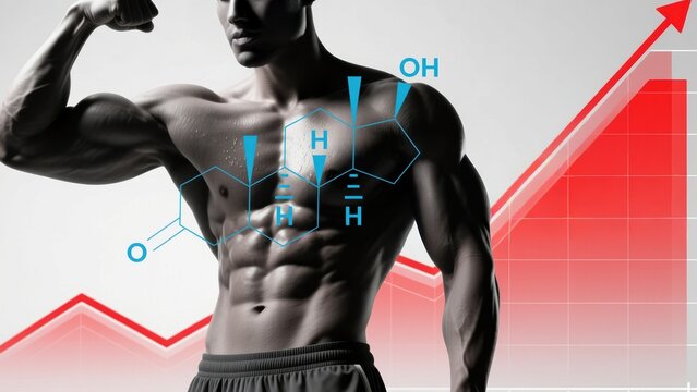 A muscular upper body flexing with rising red performance graphic showing power and growth, high testosterone, boost testosterone - Powered by Adobe