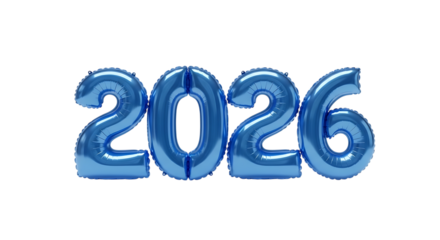 Shiny blue metallic balloons form the year 2026 against a black background
