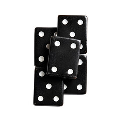 A pile of black dominoes with white dots on a white background