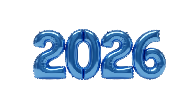 Shiny blue metallic balloons form the year 2026 against a black background