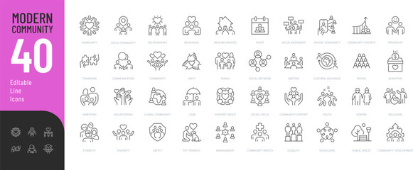 Modern Community Line Editable Icons set. Vector illustration in modern thin style of people related icons: neighborhood, friendship, family, and more. Isolated on transparent background.