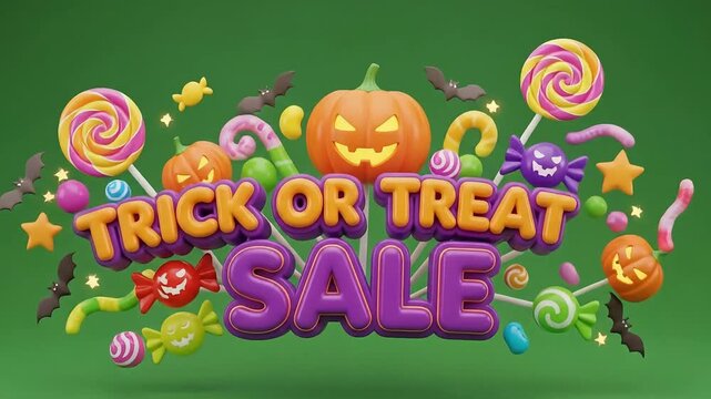 A Colorful 3D animation of a Halloween sale banner with pumpkins, candy, and spooky decorations Perfect for promoting seasonal discounts