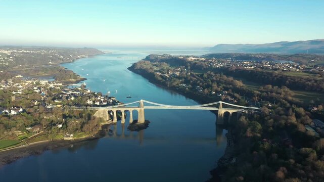 Aerial view of Britannia and Menai bridges in Wales over the Menai strait on a sunny day