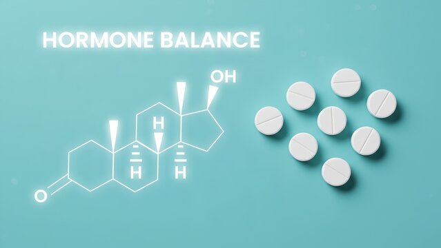 A white tablets on turquoise surface with simple molecule diagram showing clean health and clarity, high testosterone, boost testosterone