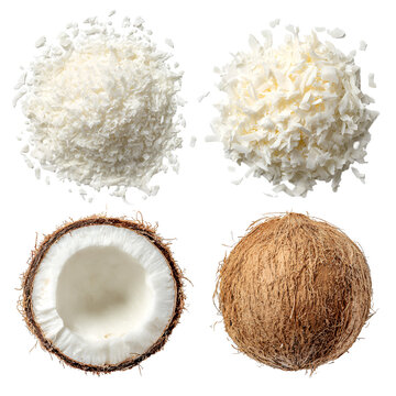 Whole coconut half and shredded coconut on white background
