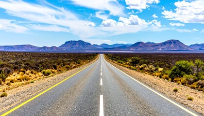 Scenic Road to Distant Mountains Under a Bright Blue Sky.
