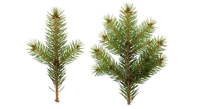 Two detailed close up shots of fresh green pine tree branches with needles against a black background