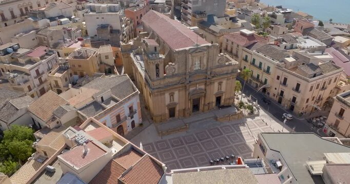 Aerial view of the Basilica of Maria Santissima del Soccorso, or Mother Church. It is the main Catholic place of worship in Sciacca, in the province of Agrigento, Sicily, Italy.