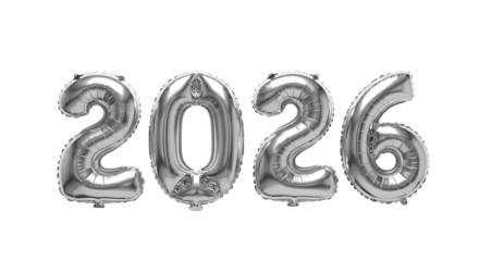Shiny silver balloons spelling out the year 2026 against a black background
