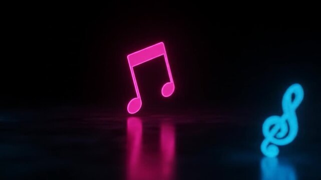 Glowing neon musical notes with reflections on dark surface