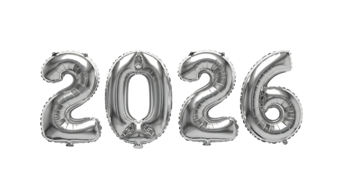 Shiny silver balloons spelling out the year 2026 against a black background