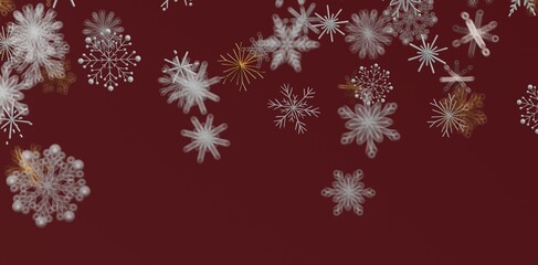 Abstract design of falling snowflakes on a burgundy red background, perfect for winter holiday and Christmas themes. Ideal for festiv