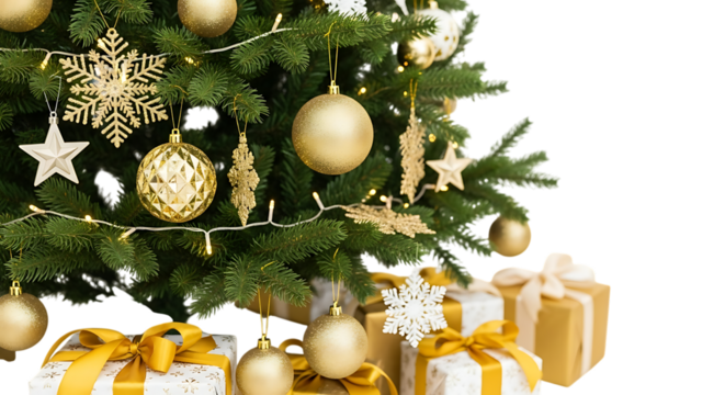 Festive christmas tree decorated with golden ornaments and gifts below against a black background