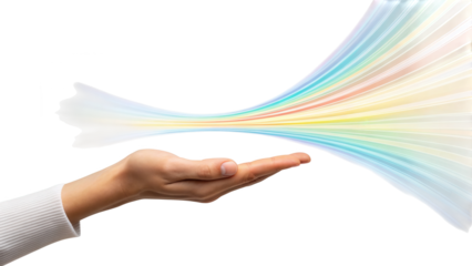 Hand presenting vibrant rainbow spectrum light flow energy creativity isolated on white background