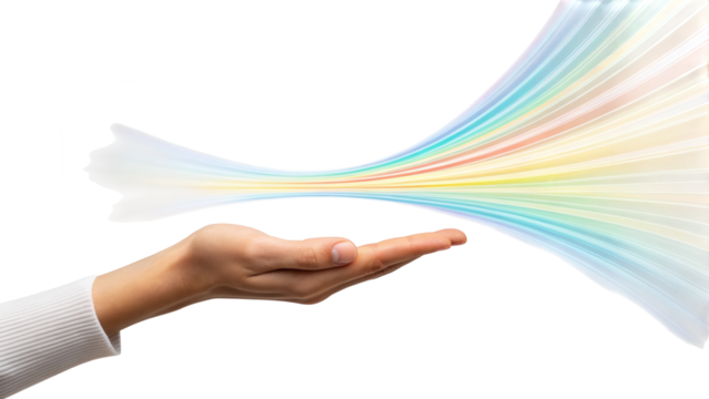 Hand presenting vibrant rainbow spectrum light flow energy creativity isolated on white background