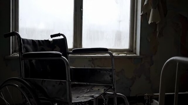 Old empty wheelchair silhouette standing in a dark room of a derelict hospital. Eerie atmosphere with peeling paint on decaying walls