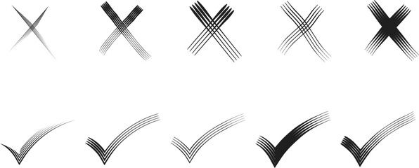 Obraz premium Modern Gradient Check Mark and Cross Mark Set: Black and White Icons with Smooth Textures.