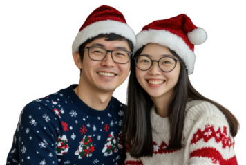 PNG Christmas south east asian couple happy hats portrait.