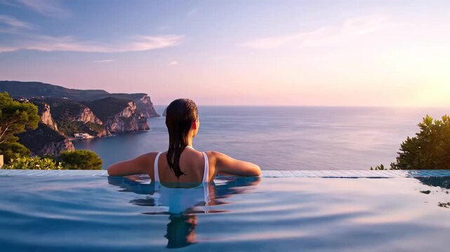 Woman relaxing in a luxury infinity pool watching the beautiful sunset over the ocean.