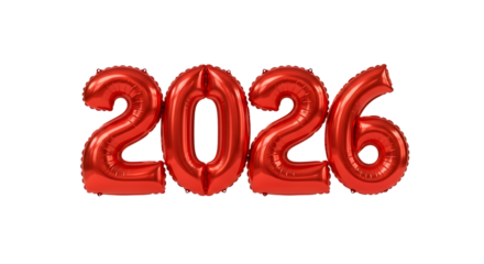 Shiny red foil balloons form the year 2026 against a black background