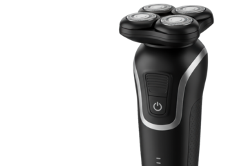 Modern matte black electric foil shaver, polished silver accents, dual-foil cutting system, against a transparent background with ample copy space, advanced personal grooming concept