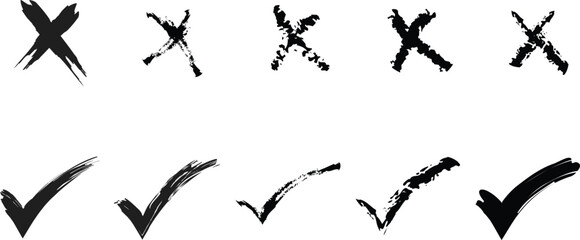 Hand-Drawn Grunge Check Mark and Cross Mark Set: Black Paintbrush Strokes for Design.