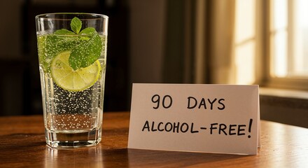90 days alcohol-free sign next to glass of sparkling water with lime and mint.