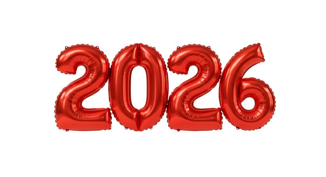 Shiny red foil balloons form the year 2026 against a black background