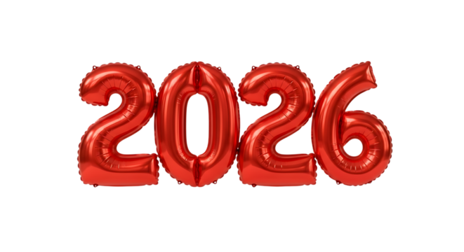 Shiny red foil balloons form the year 2026 against a black background