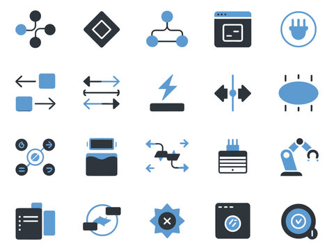 Creative set of technology and networking icons in blue and gray tones, ideal for digital design.