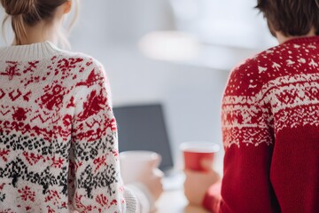 Backs of two people in festive holiday sweaters