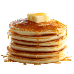 Stack of pancakes topped with butter and syrup, realistic texture and shine, soft morning light simulation, macro focus detail, white isolated background
